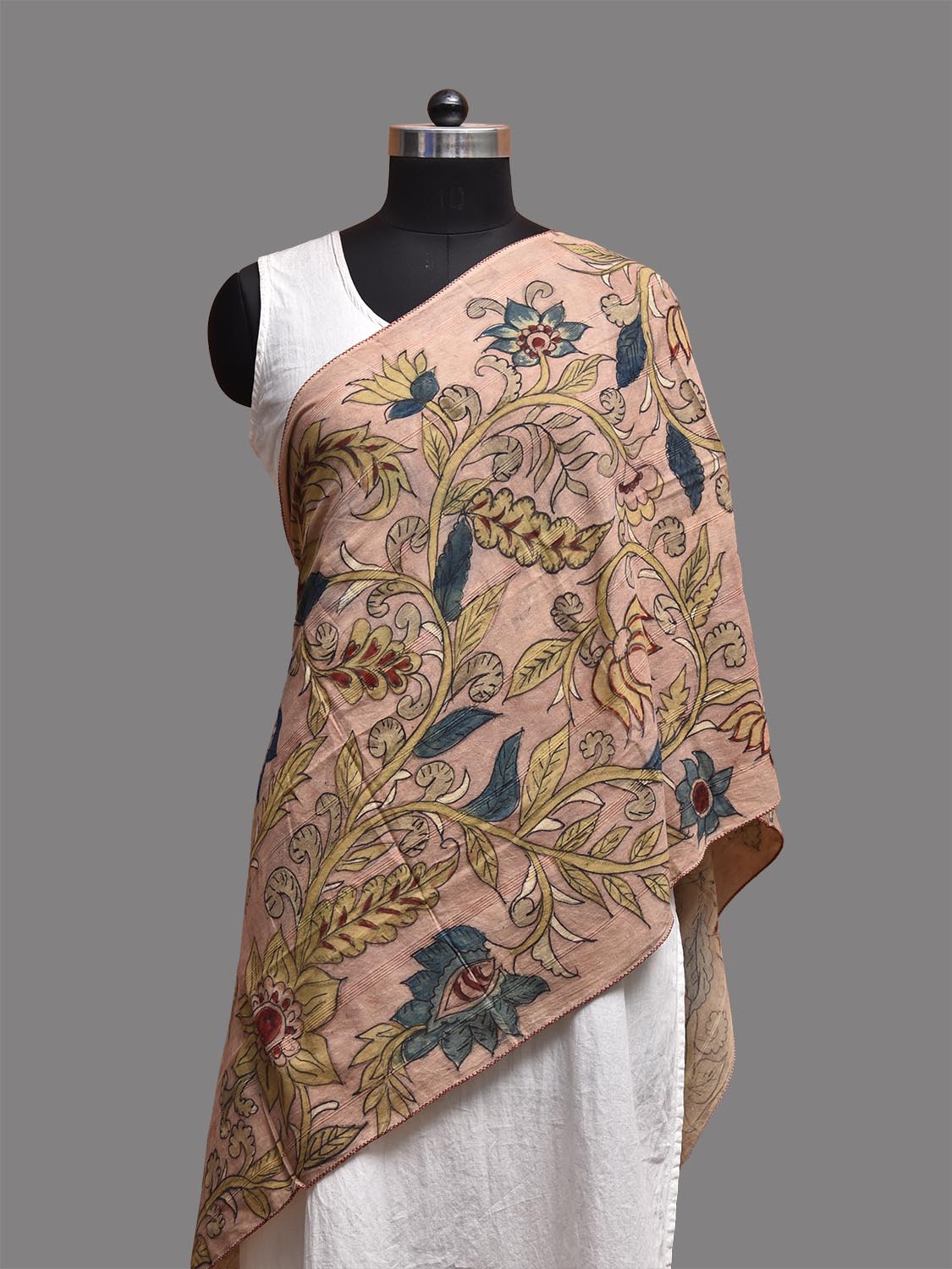 Light Peach Kalamkari Hand Painted Cotton Stole with Big Floral Design ds3783