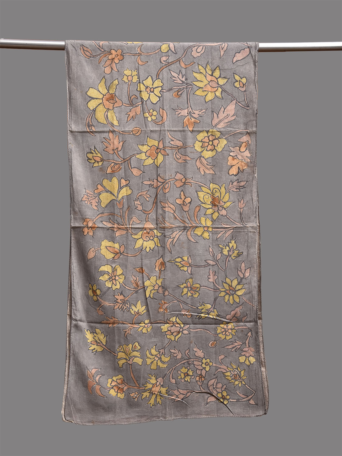 Light Grey Kalamkari Hand Painted Cotton Stole with Floral Design ds3784