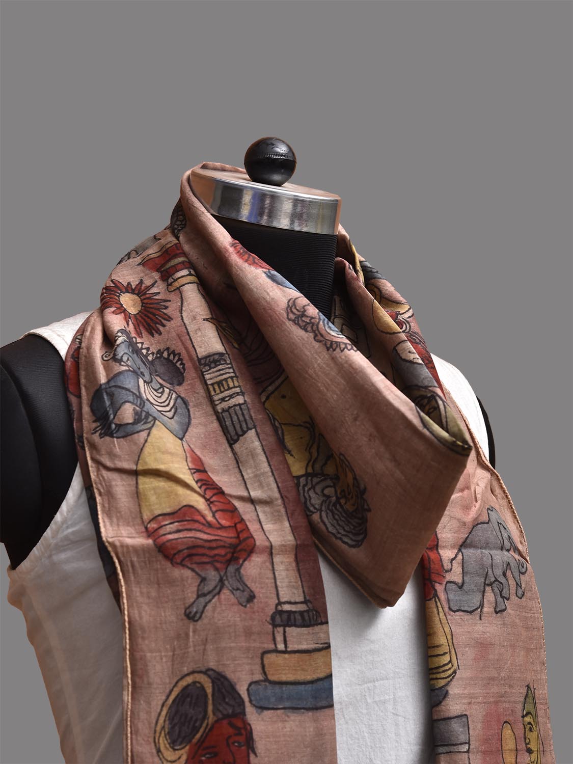 Light Peach Kalamkari Hand Painted Cotton Silk Stole with Ajanta Painting Design ds3788