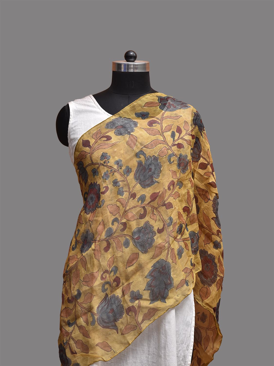 Yellow Kalamkari Hand Painted Organza Stole with Floral Design ds3790