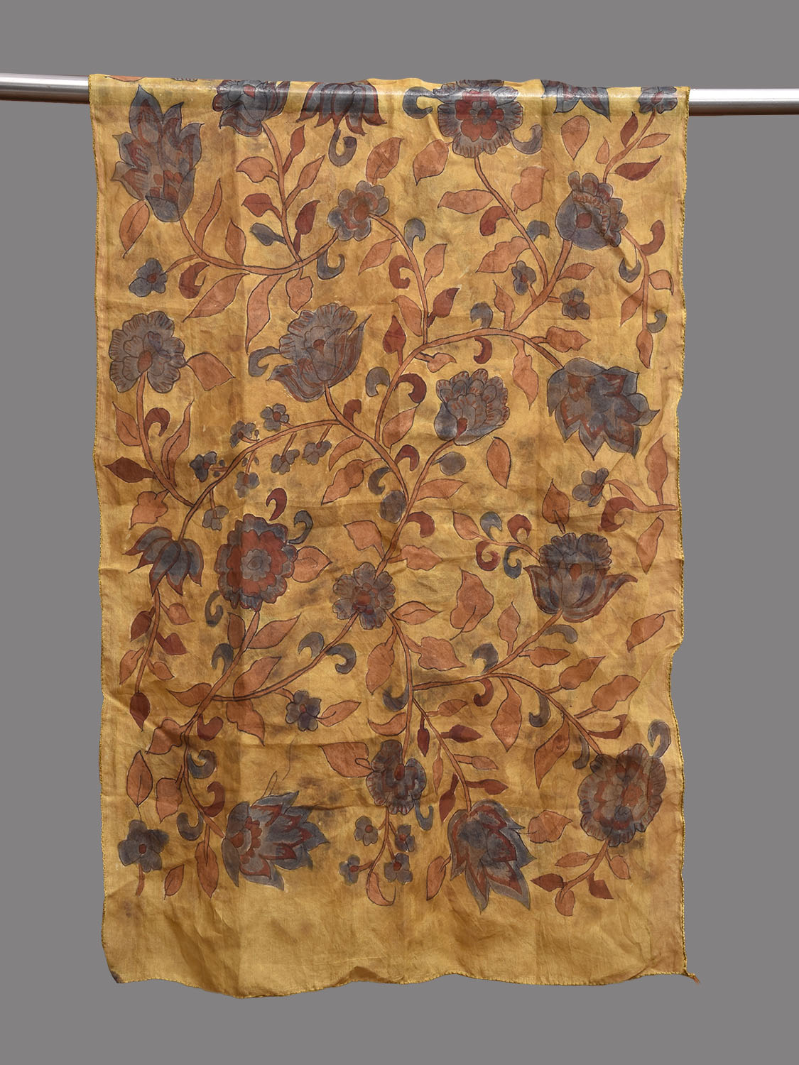 Yellow Kalamkari Hand Painted Organza Stole with Floral Design ds3790