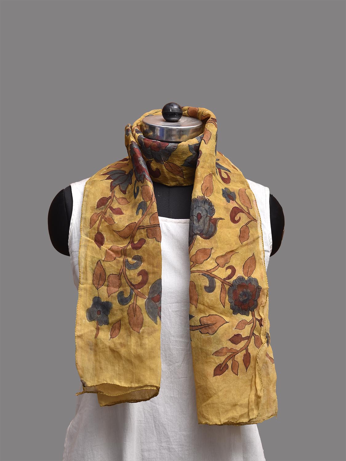 Yellow Kalamkari Hand Painted Organza Stole with Floral Design ds3790