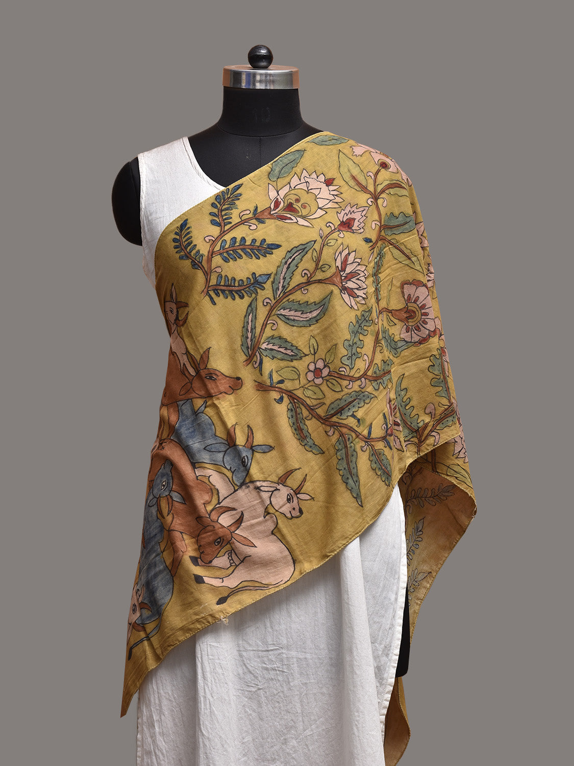 Yellow Kalamkari Hand Painted Cotton Stole with Floral and Cows Design ds3791