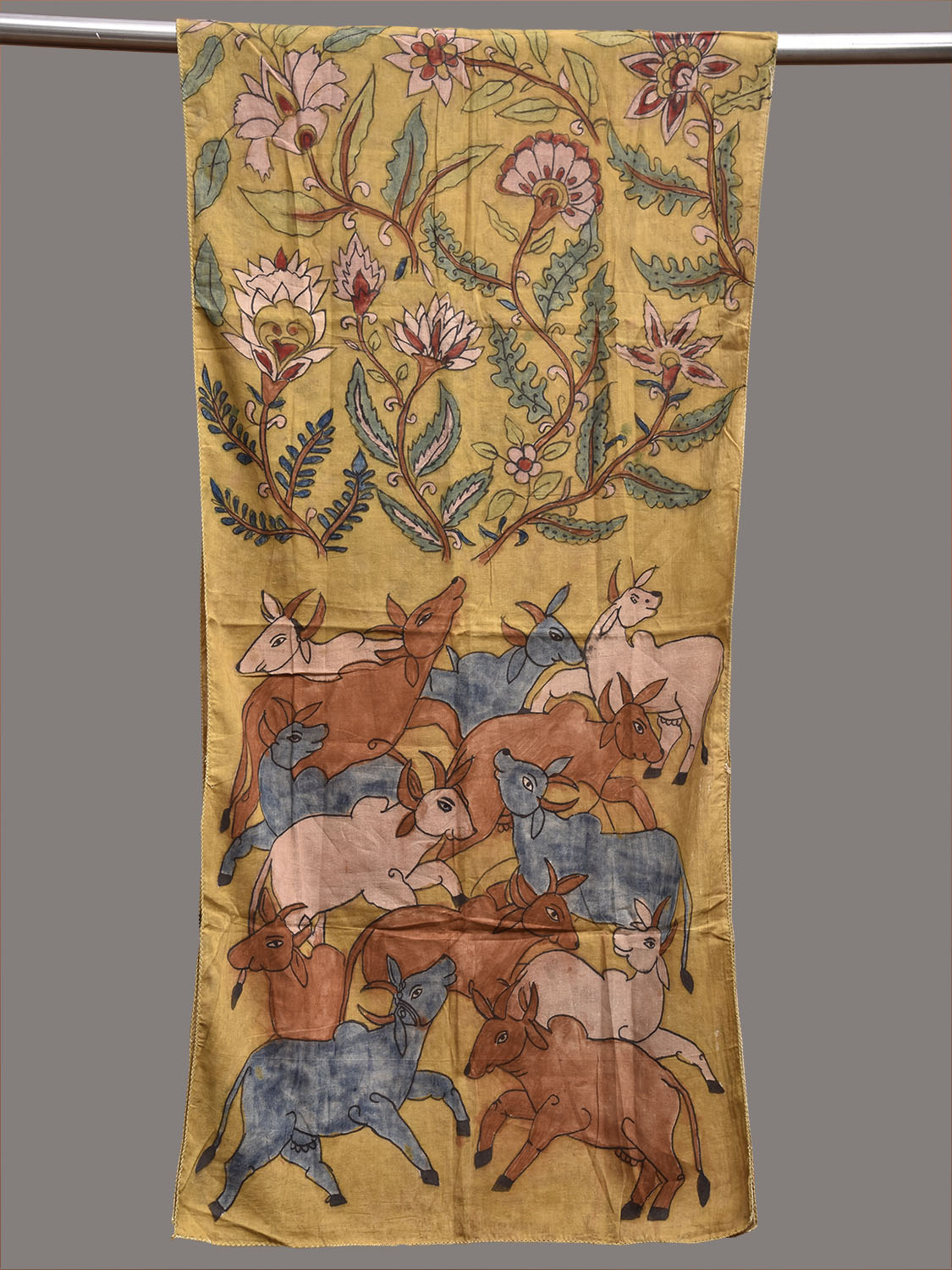Yellow Kalamkari Hand Painted Cotton Stole with Floral and Cows Design ds3791