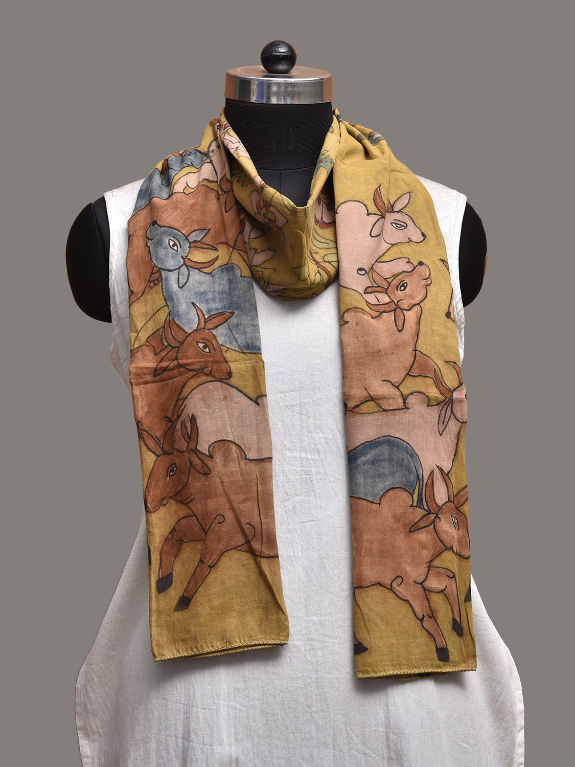 Yellow Kalamkari Hand Painted Cotton Stole with Floral and Cows Design ds3791