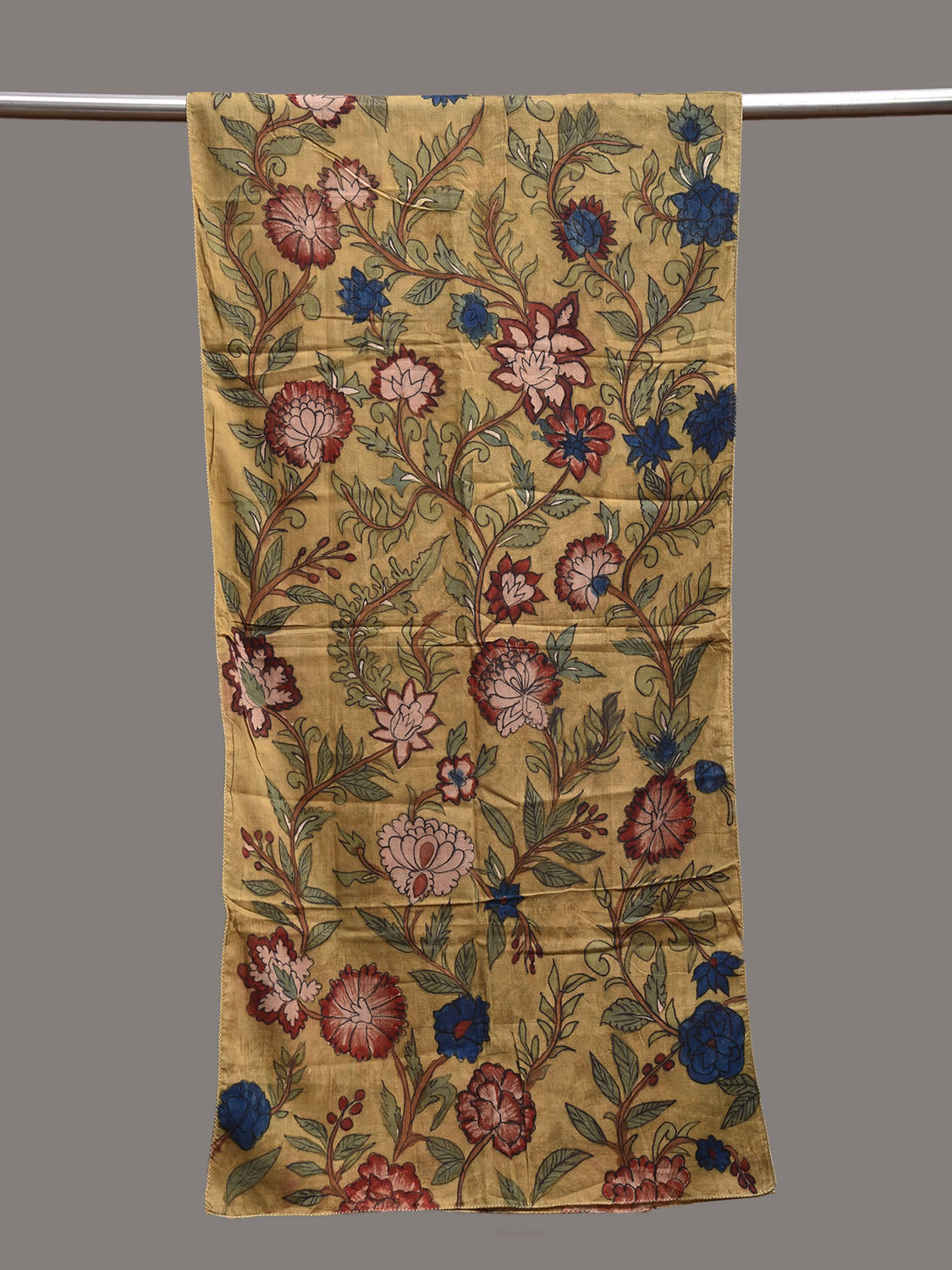 Yellow Kalamkari Hand Painted Sico Stole with Floral Design ds3795