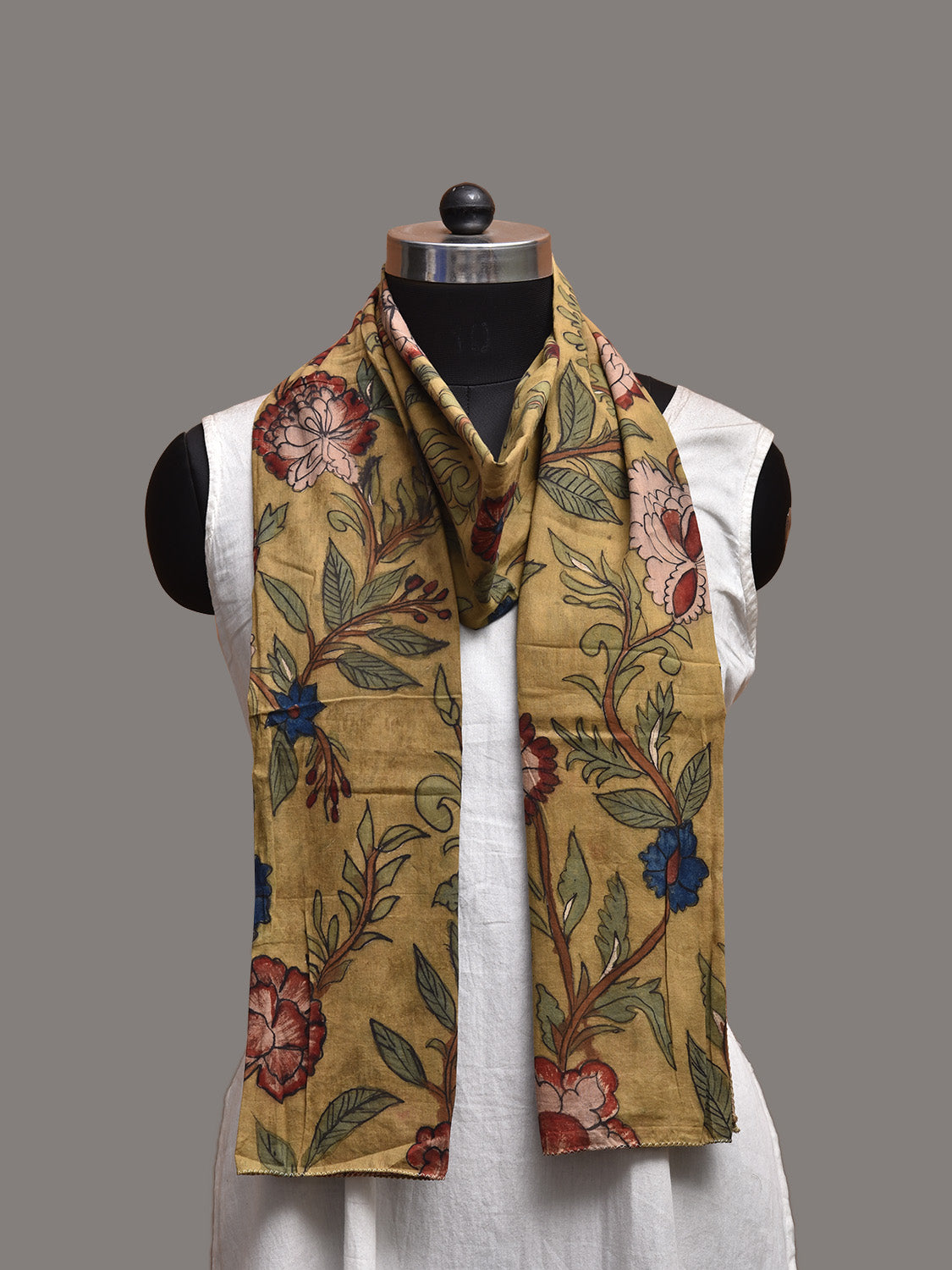 Yellow Kalamkari Hand Painted Sico Stole with Floral Design ds3795