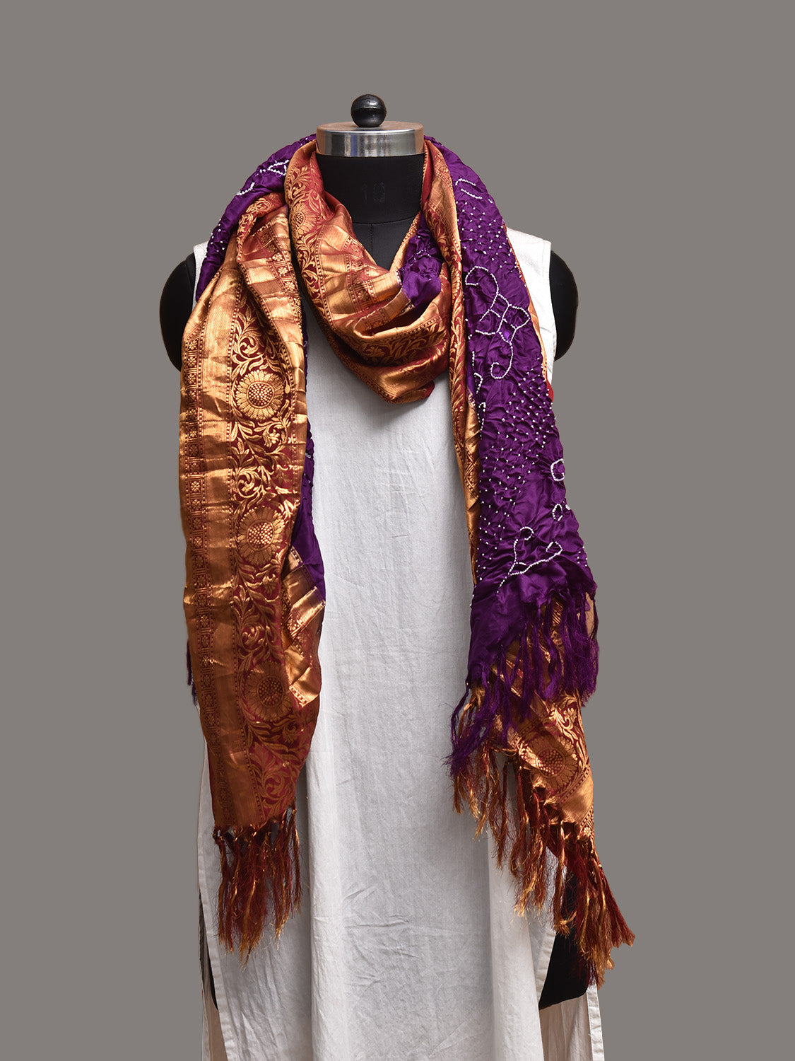Purple and Red Bandhani Kanchipuram Silk Dupatta with Border Design ds3798