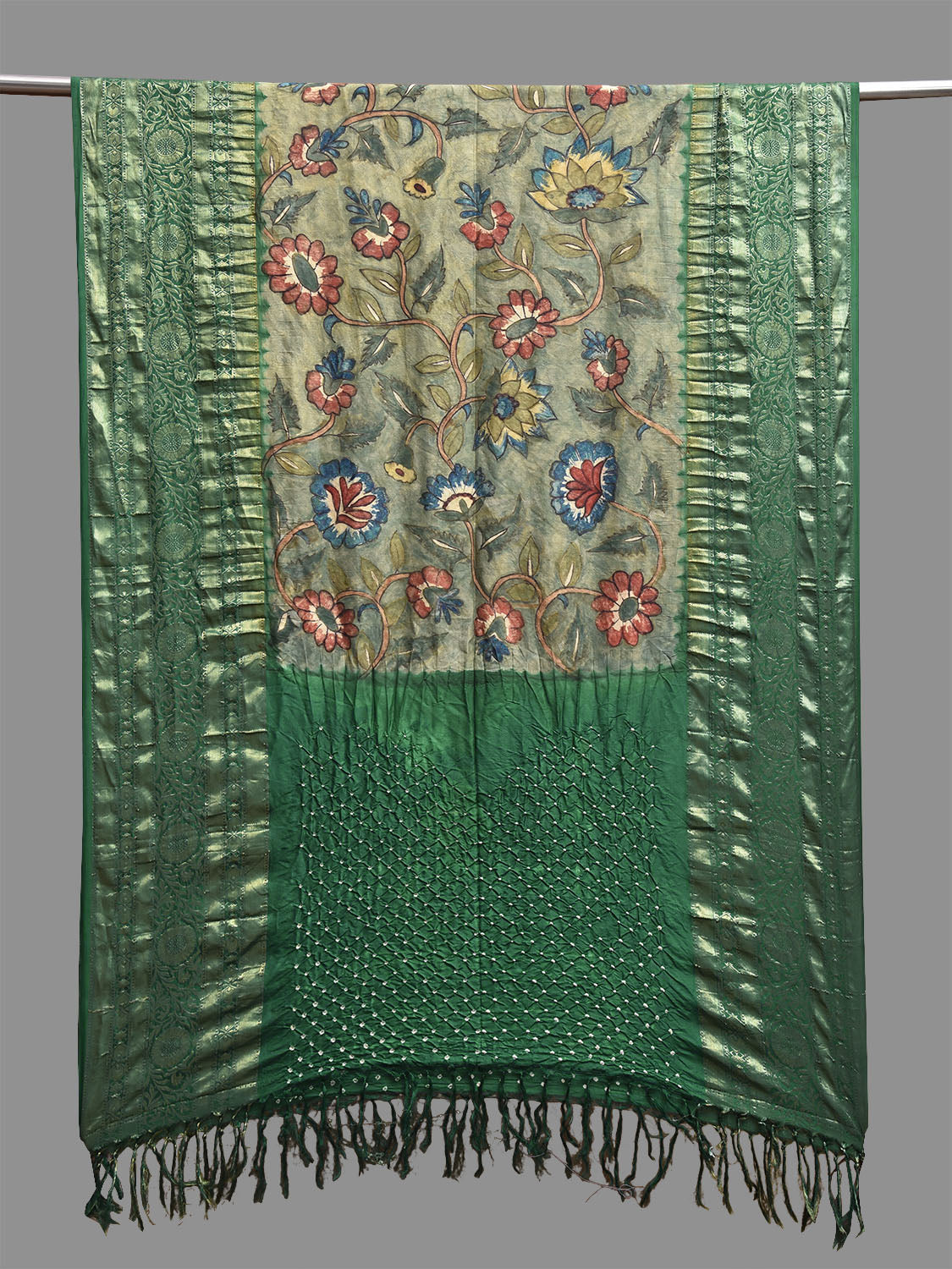 Green Bandhani Kanchipuram Silk Dupatta with Floral Kalamkari Work Design ds3799