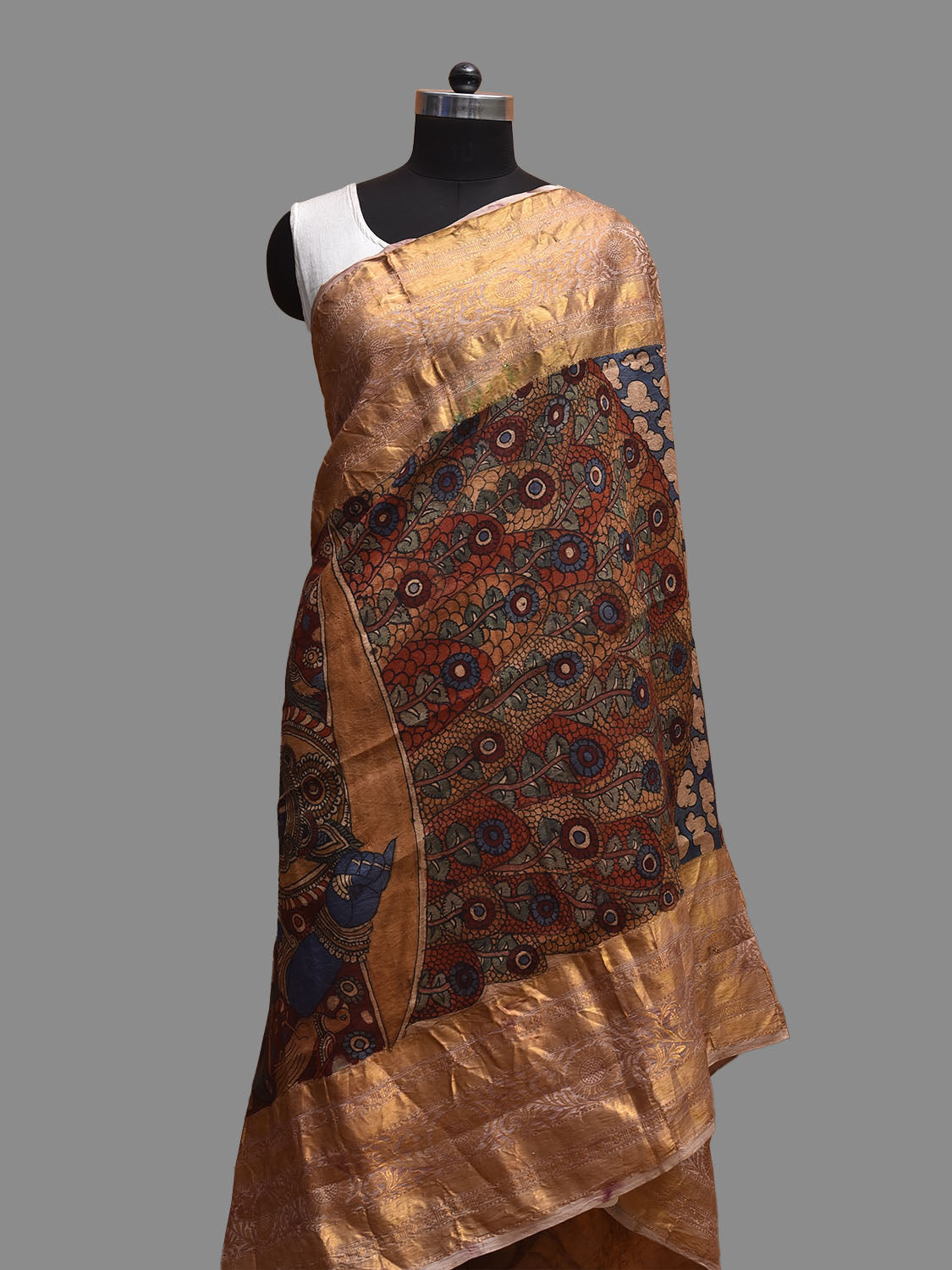 Red and Blue Kalamkari Hand Painted Kanchipuram Silk Dupatta with Krishna Design ds3800