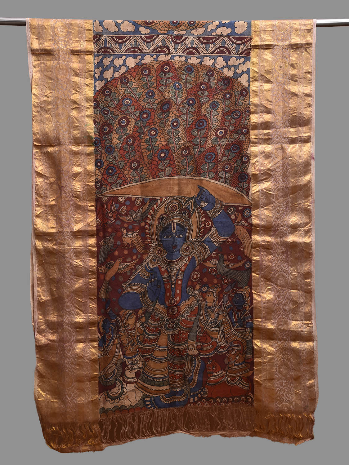 Red and Blue Kalamkari Hand Painted Kanchipuram Silk Dupatta with Krishna Design ds3800