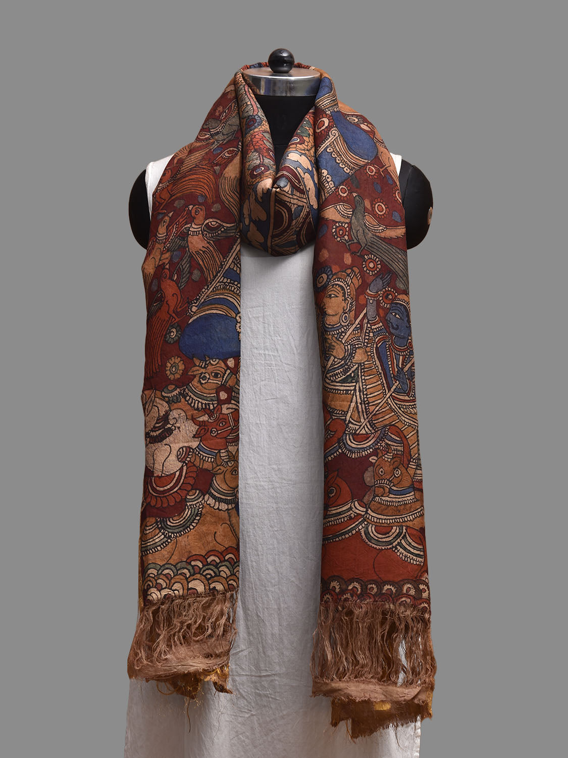 Red and Blue Kalamkari Hand Painted Kanchipuram Silk Dupatta with Krishna Design ds3800