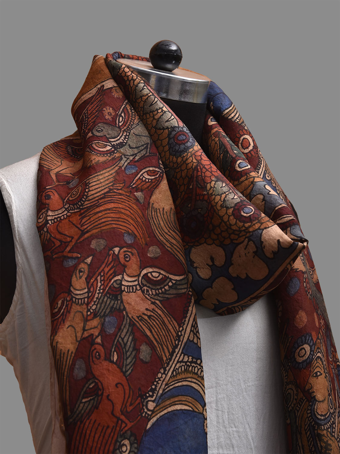 Red and Blue Kalamkari Hand Painted Kanchipuram Silk Dupatta with Krishna Design ds3800