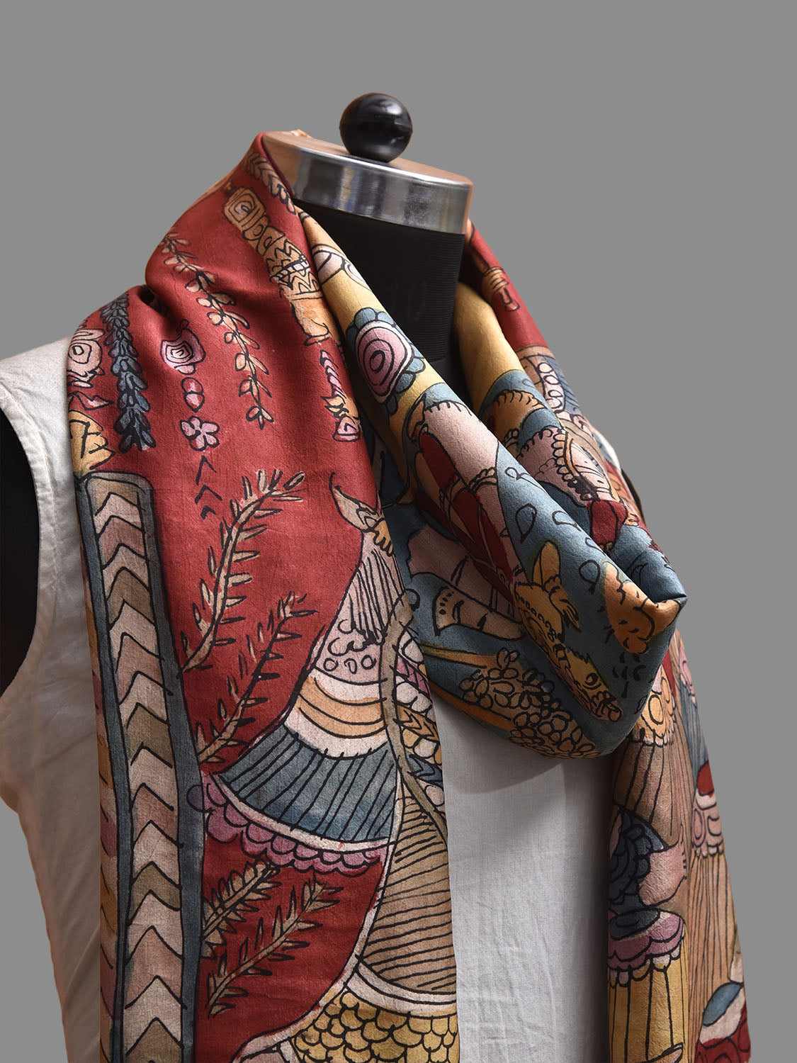 Red and Blue Kalamkari Hand Painted Kanchipuram Silk Dupatta with Durga Mata Design ds3801