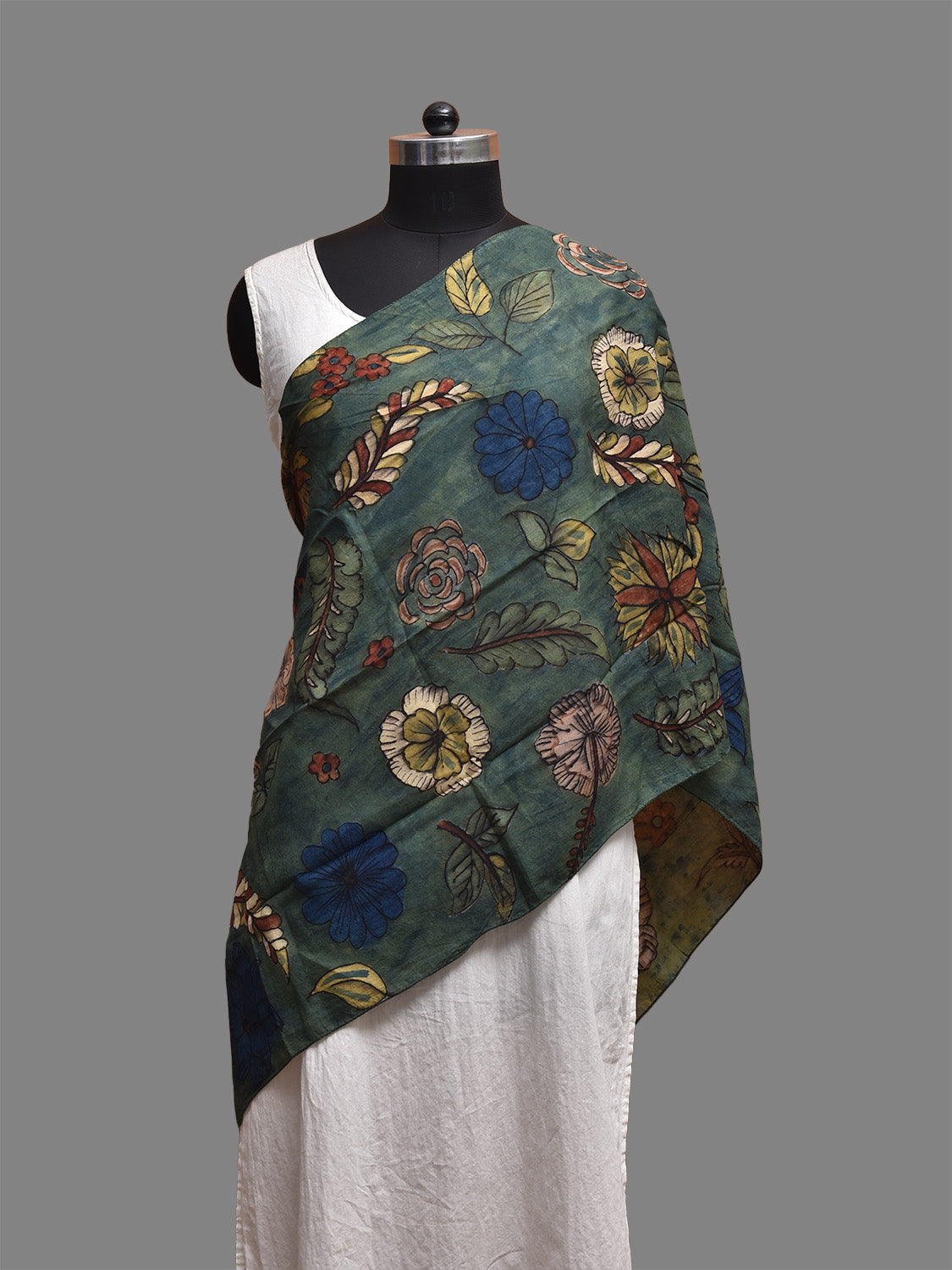 Teal Kalamkari Hand Painted Sico Stole with Floral Design ds3802