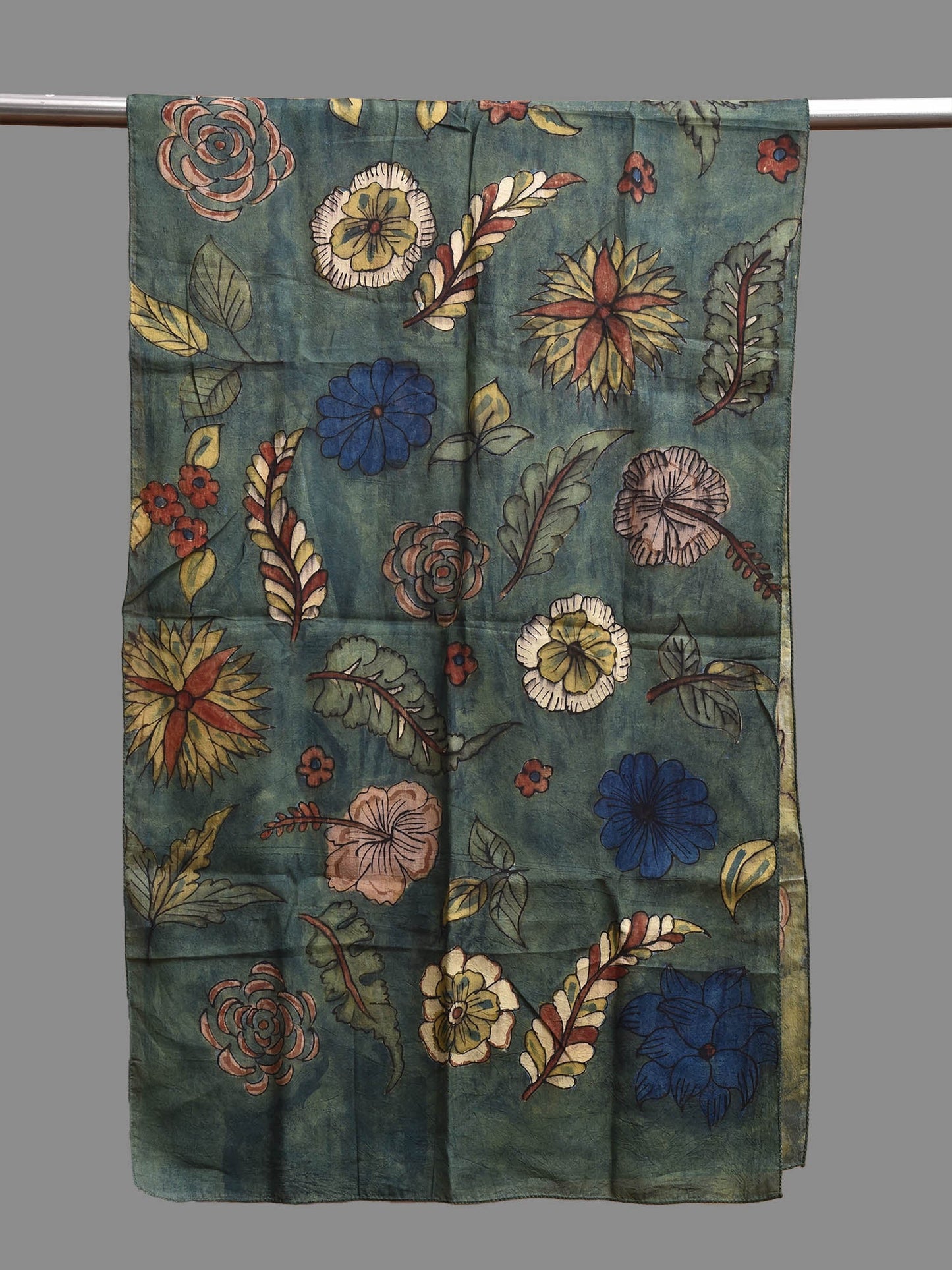 Teal Kalamkari Hand Painted Sico Stole with Floral Design ds3802