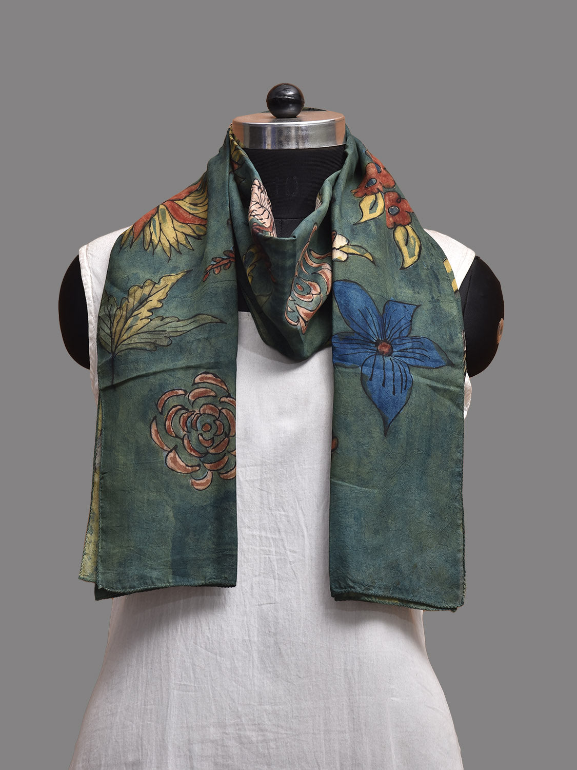 Teal Kalamkari Hand Painted Sico Stole with Floral Design ds3802