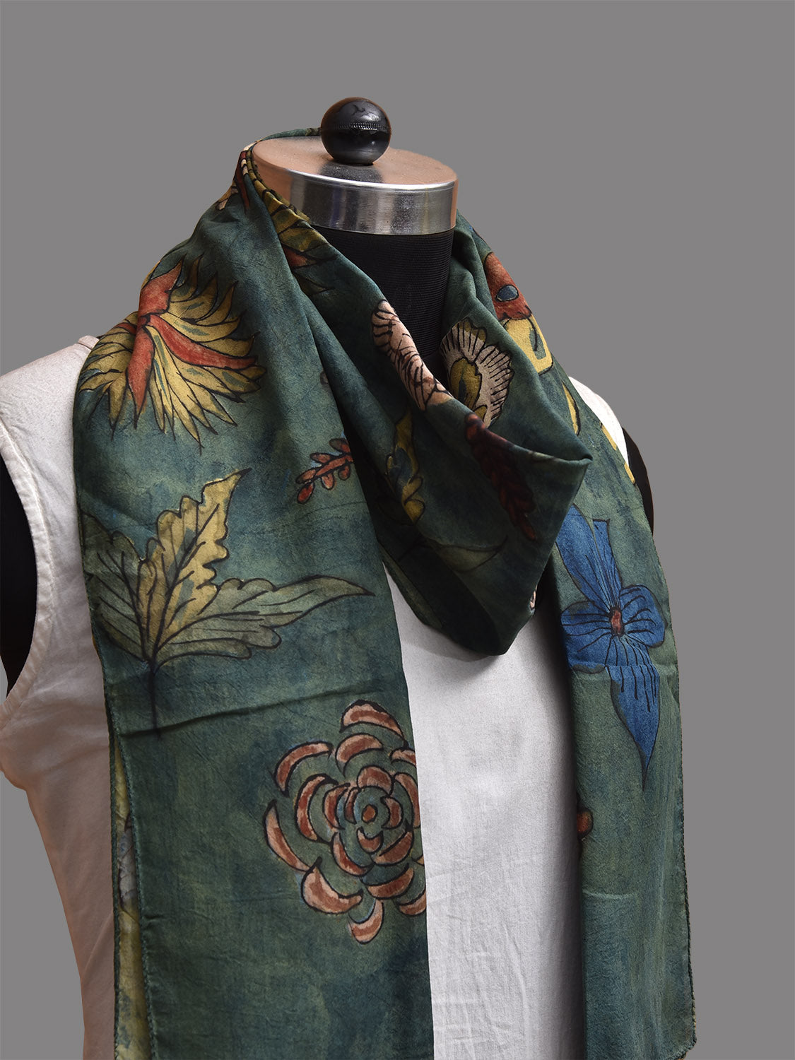 Teal Kalamkari Hand Painted Sico Stole with Floral Design ds3802