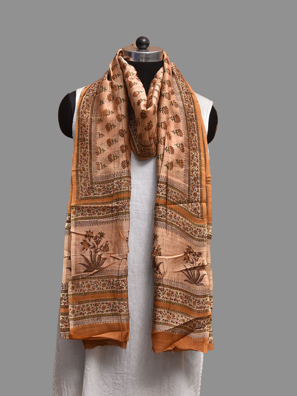 Light Orange Block Print Cotton Silk Dupatta with Natural Dyes Floral Design ds3815