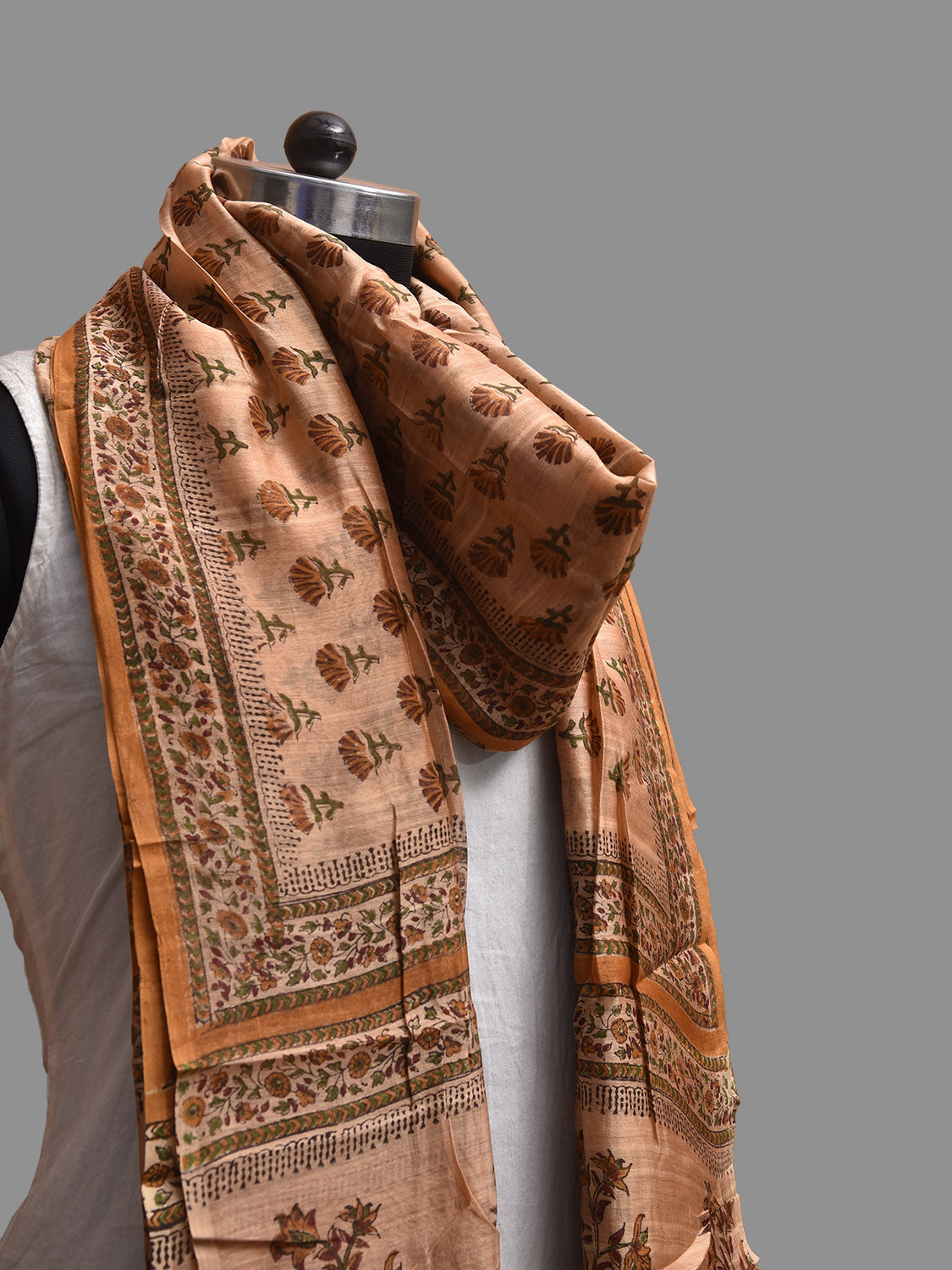 Light Orange Block Print Cotton Silk Dupatta with Natural Dyes Floral Design ds3815