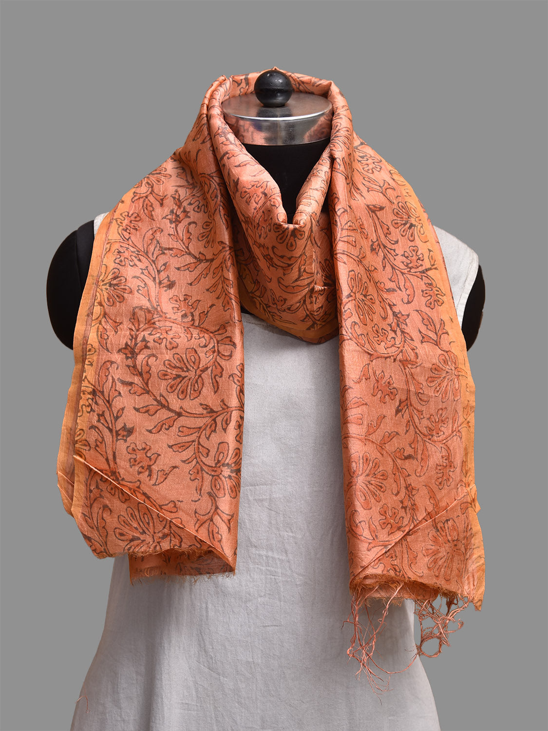 Light Orange Block Print Silk Dupatta with Natural Dyes Floral Design ds3817