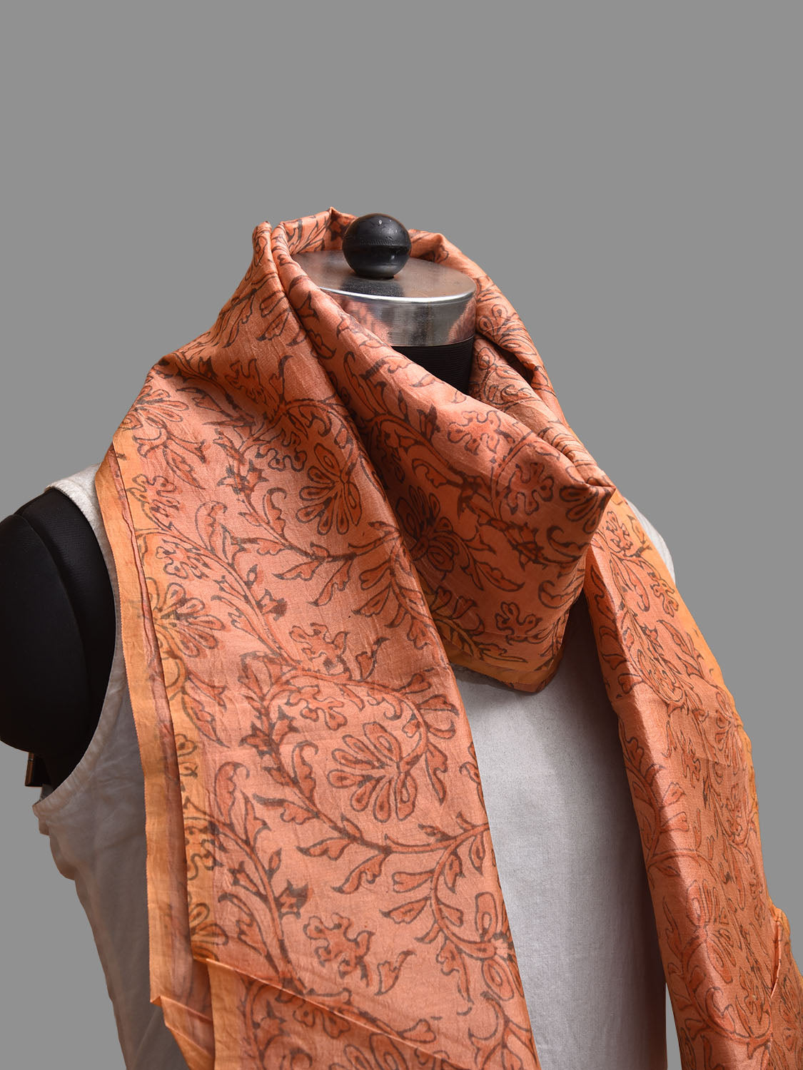 Light Orange Block Print Silk Dupatta with Natural Dyes Floral Design ds3817