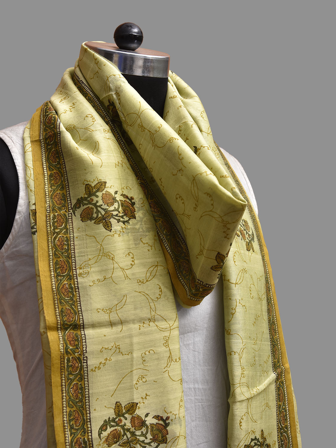 Light Green Block Print Cotton Silk Dupatta with Natural Dyes Floral Design ds3818