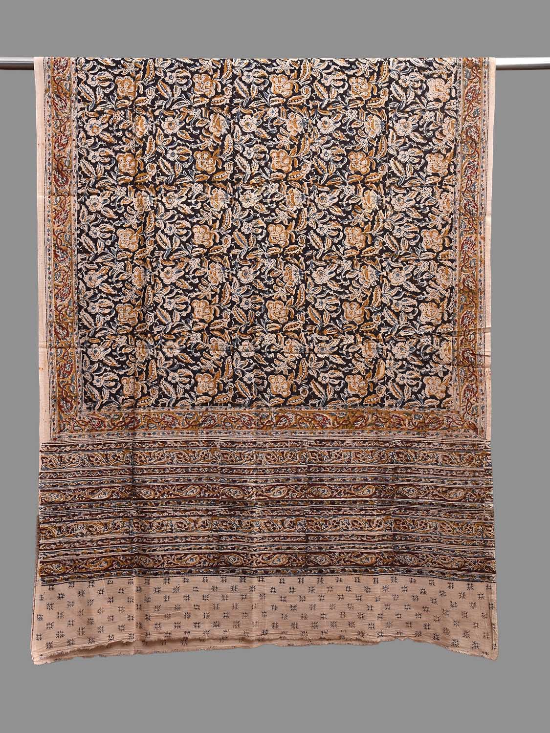 Black Kalamkari Block Print Cotton Dupatta with Floral Design ds3819
