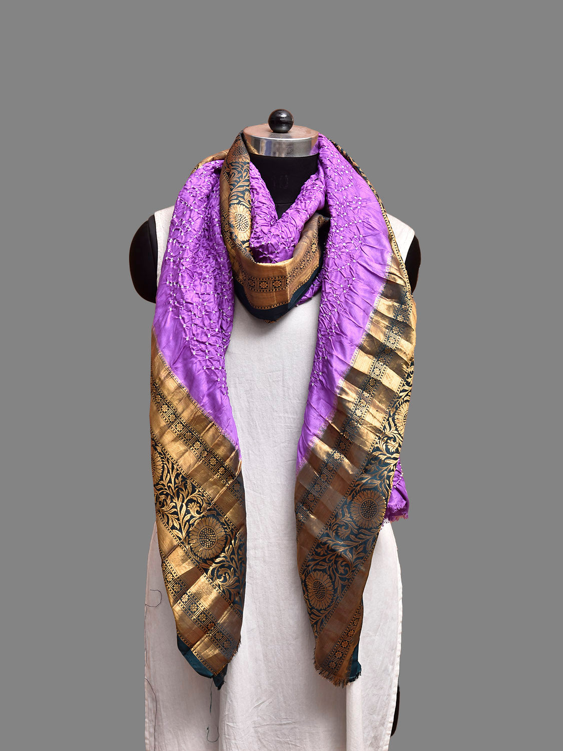 Lavender and Grey Bandhani Kanchipuram Silk Dupatta with Border Design ds3821