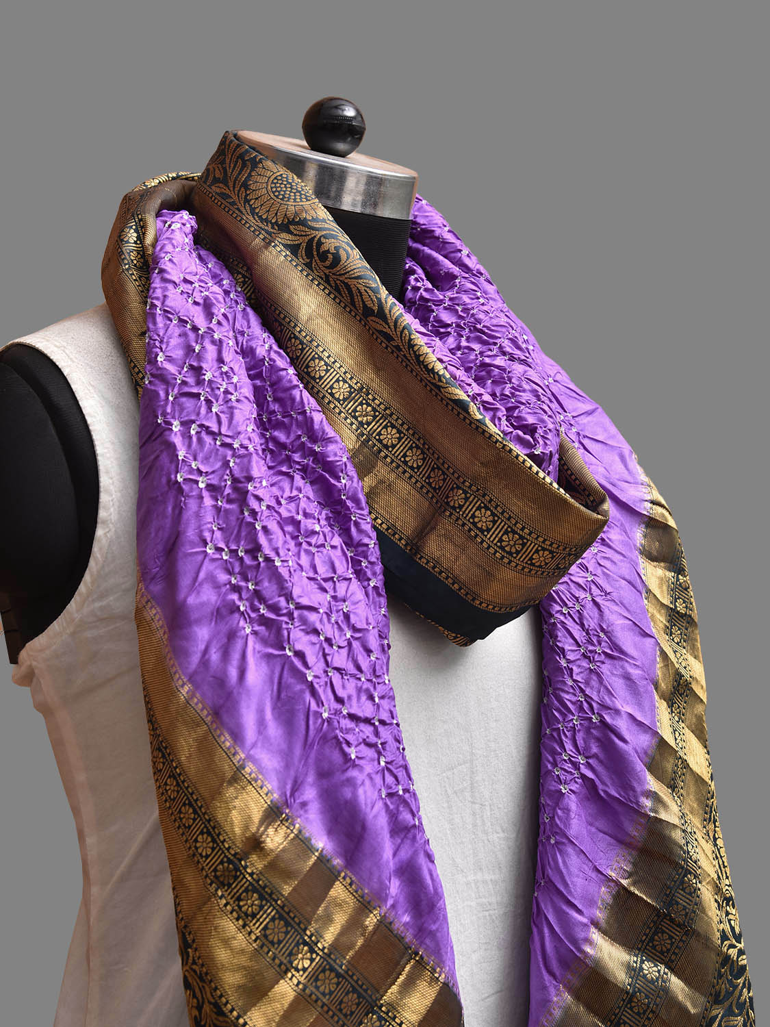 Lavender and Grey Bandhani Kanchipuram Silk Dupatta with Border Design ds3821