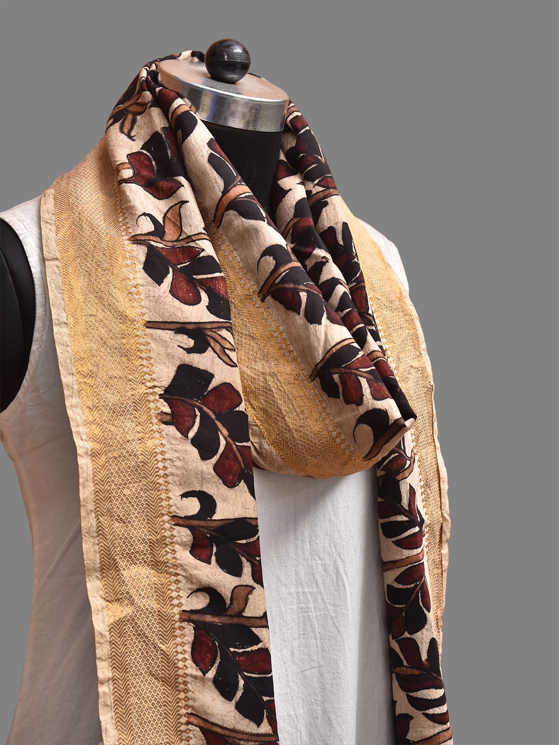 Cream Kalamkari Hand Painted Sico Dupatta with Floral and Strips Design ds3823