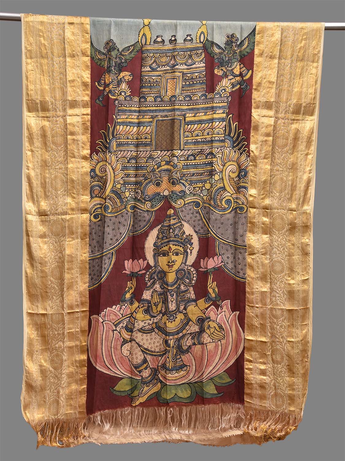 Dark Red and Cream Kalamkari Hand Painted Kanchipuram Silk Dupatta with Saraswati Design ds3825