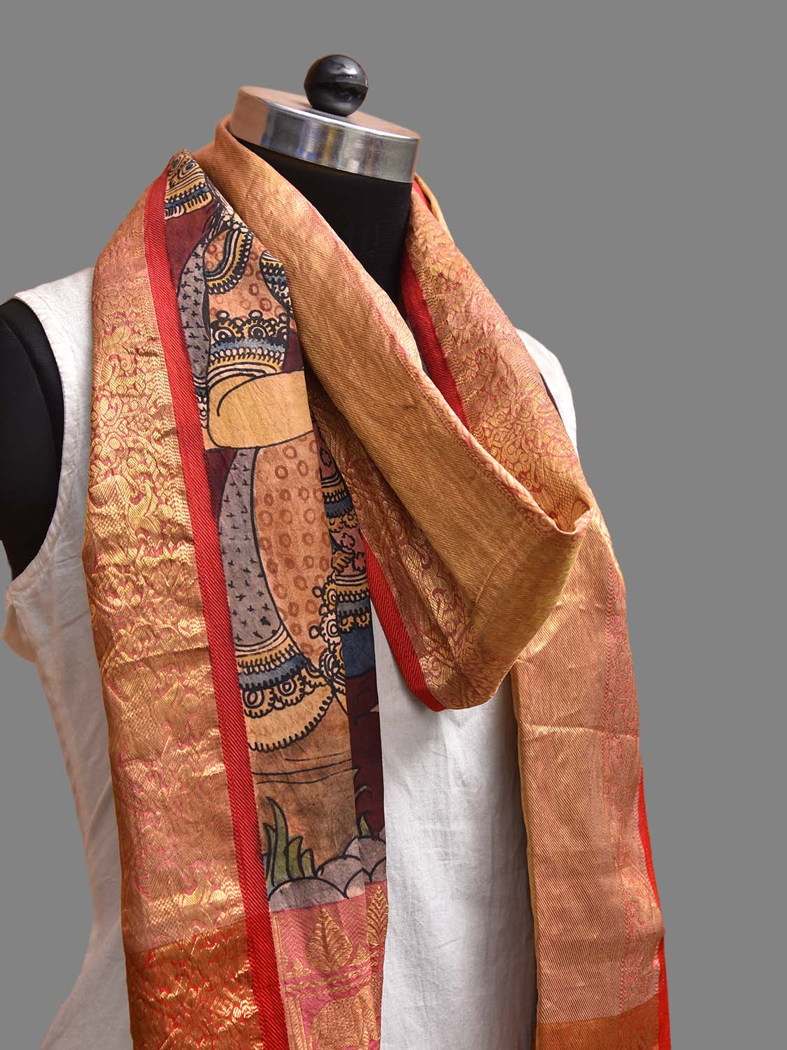 Dark Red and Light Blue Kalamkari Hand Painted Kanchipuram Silk Dupatta with Ramayana Design ds3826