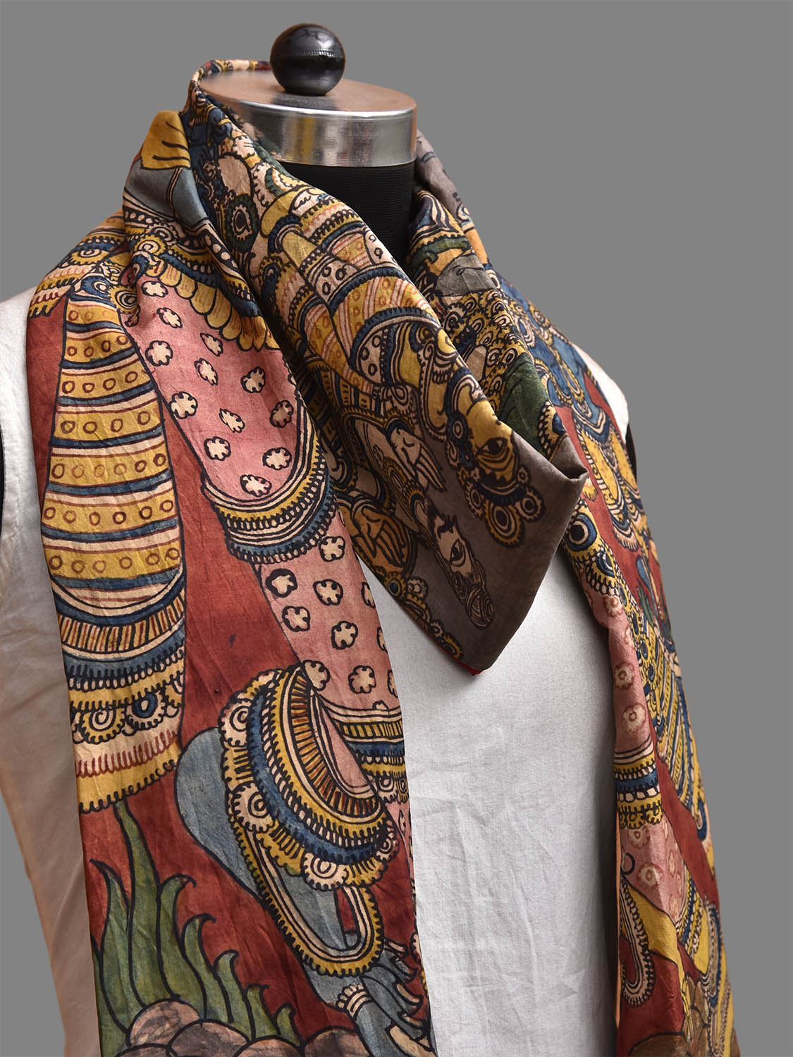 Red and Light Blue Kalamkari Hand Painted Kanchipuram Silk Dupatta with Krishna Design ds3827