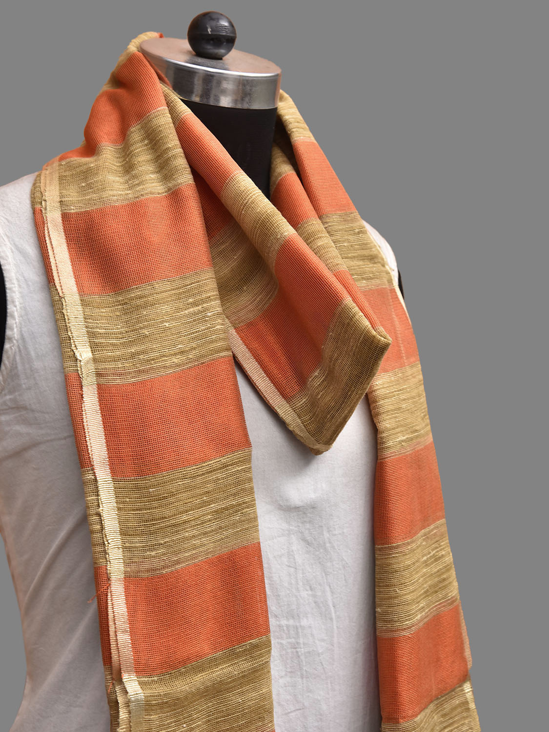 Orange and Cream Netted Dupatta with Strips Design ds3832
