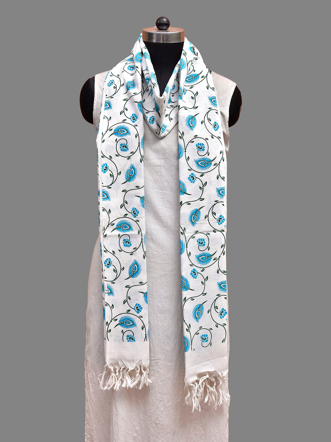White and Blue Printed Cotton Dupatta with Peacock Feather Design ds3839