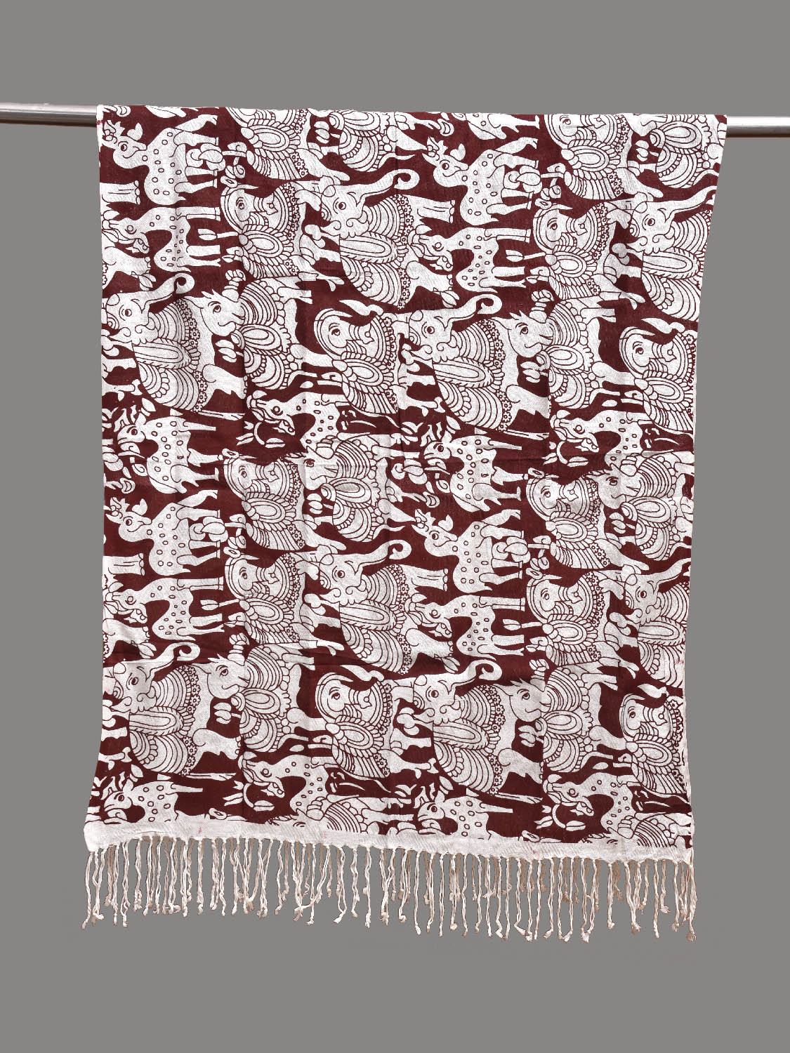 Maroon and White Printed Cotton Dupatta with Horse and Elephant Design ds3842