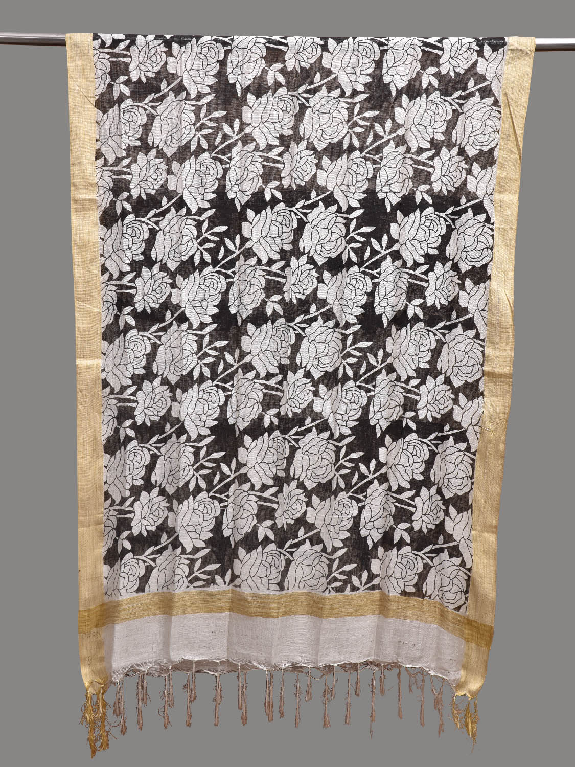 Black and White Printed Cotton Net Dupatta with Lotus Flowers Design ds3844