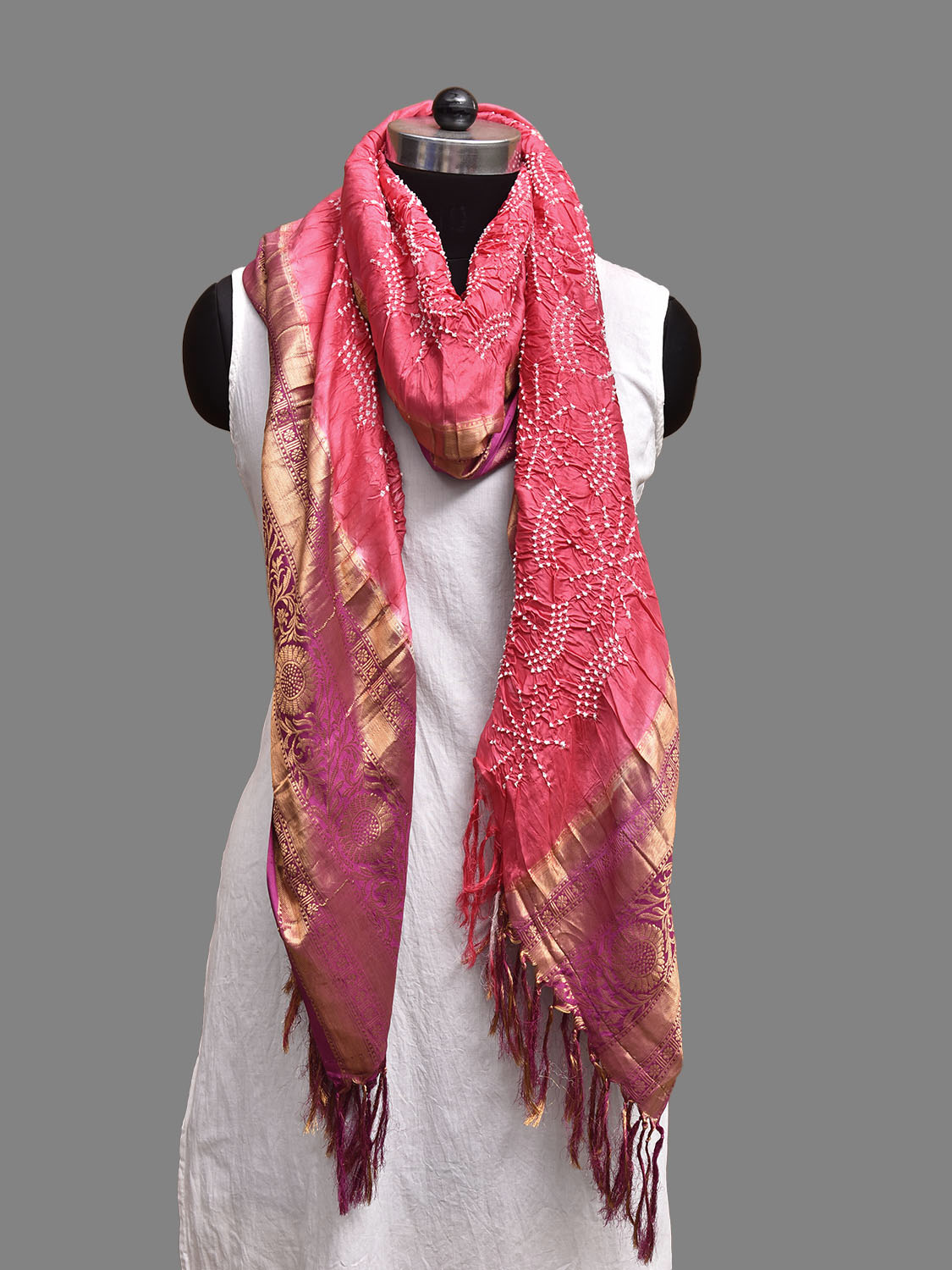 Pink Bandhani Kanchipuram Silk Dupatta with Border Design ds3845