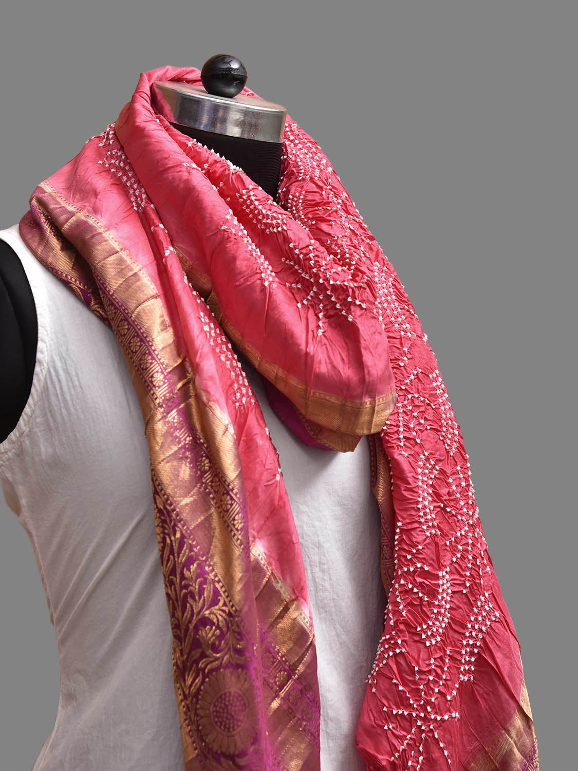 Pink Bandhani Kanchipuram Silk Dupatta with Border Design ds3845