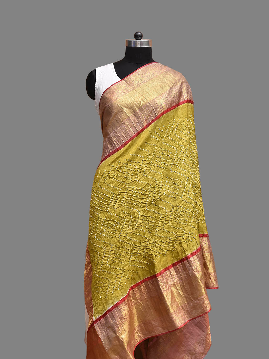 Olive and Red Bandhani Kanchipuram Silk Dupatta with Border Design ds3846