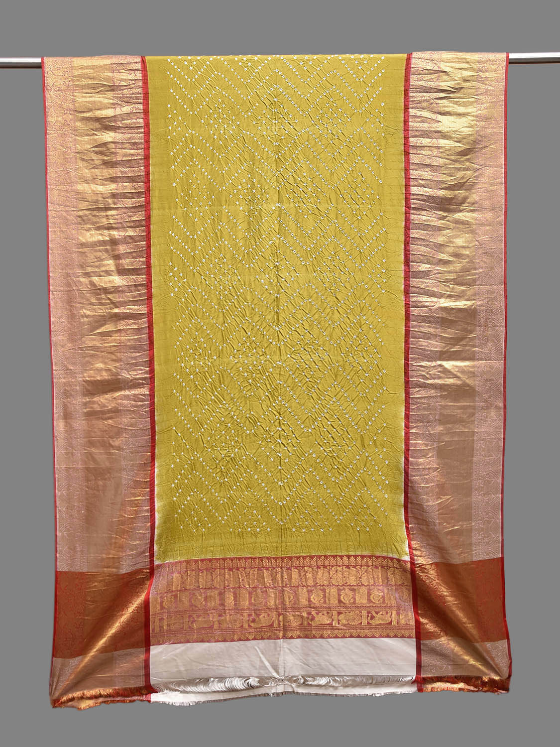 Olive and Red Bandhani Kanchipuram Silk Dupatta with Border Design ds3846