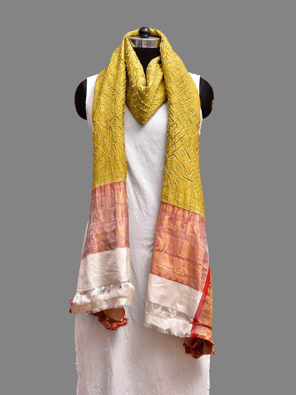 Olive and Red Bandhani Kanchipuram Silk Dupatta with Border Design ds3846