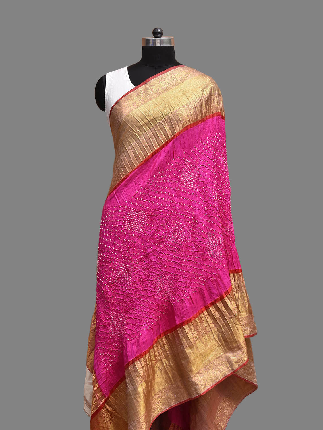 Pink and Red Bandhani Kanchipuram Silk Dupatta with Border Design ds3847