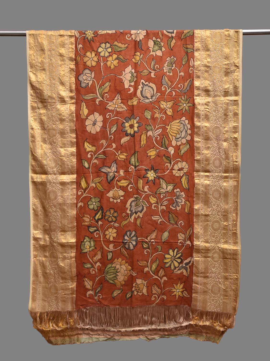 Red and Cream Kalamkari Hand Painted Kanchipuram Silk Dupatta with Floral Design ds3848