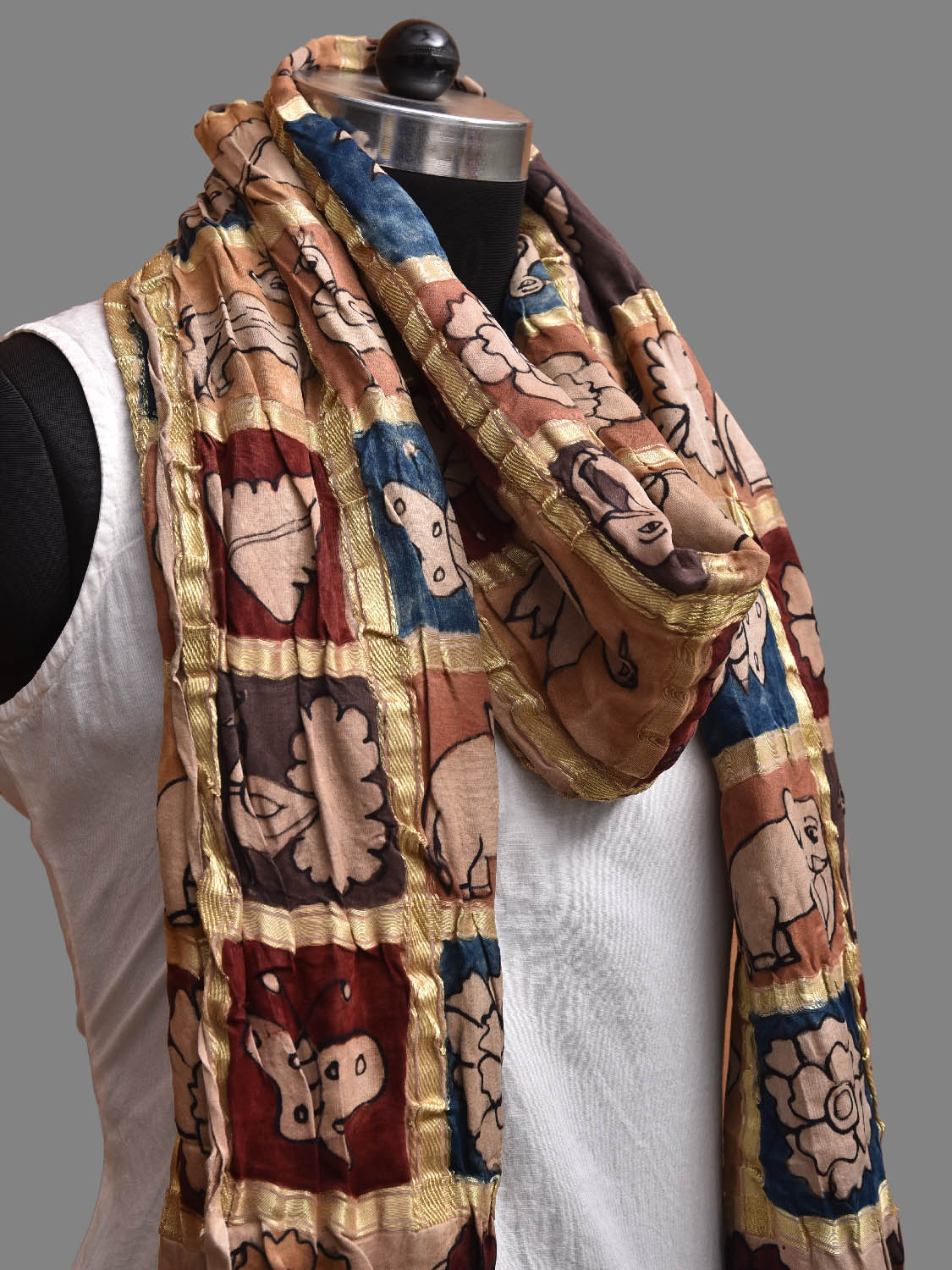 Multicolor Kalamkari Hand Painted Satin Silk Dupatta with Checks and Animals Design ds3850