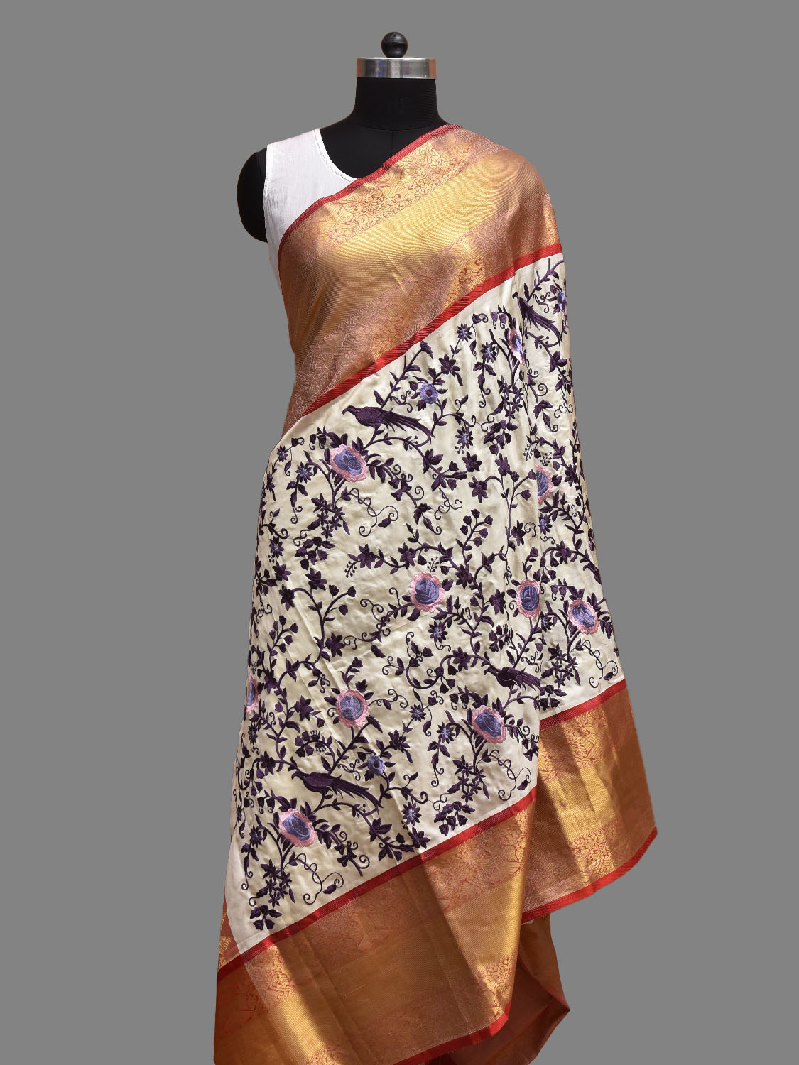 White and Red Parsigara Kanchipuram Silk Dupatta with Floral and Birds Design ds3851