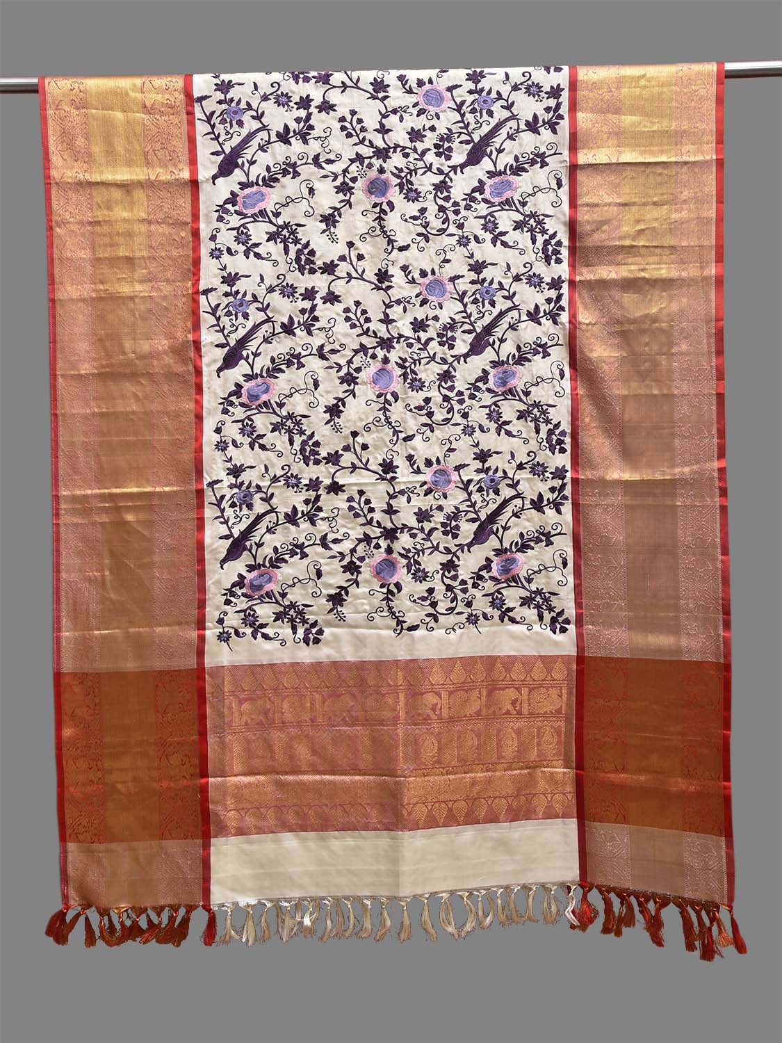 White and Red Parsigara Kanchipuram Silk Dupatta with Floral and Birds Design ds3851