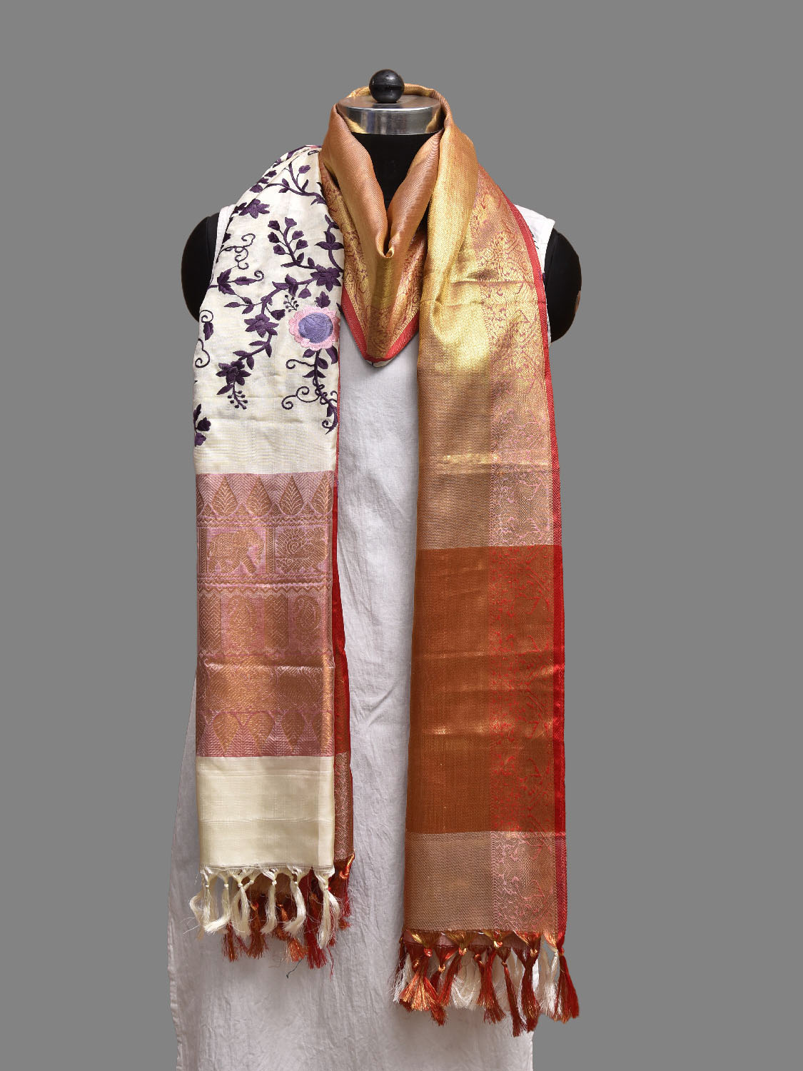 White and Red Parsigara Kanchipuram Silk Dupatta with Floral and Birds Design ds3851