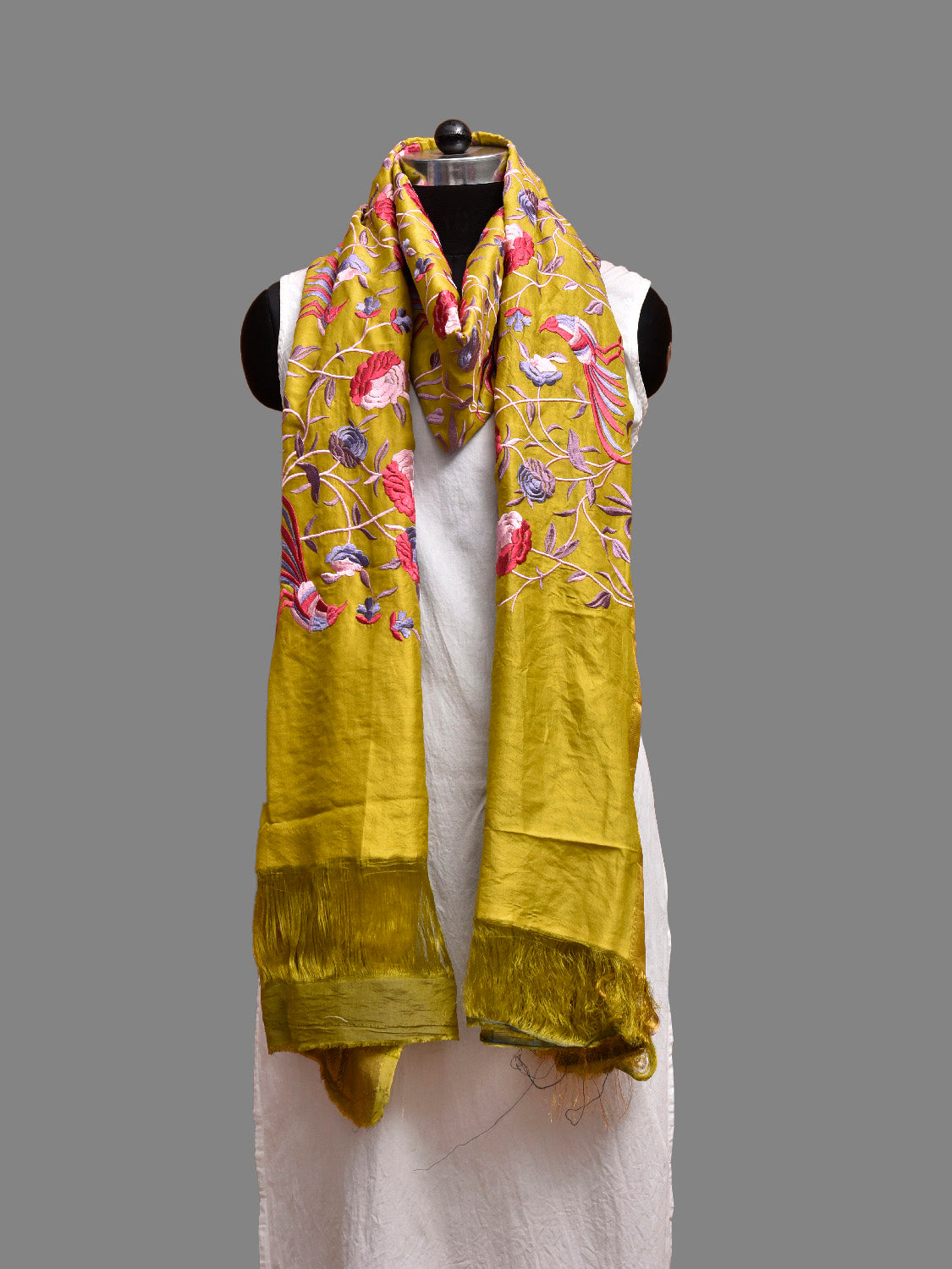 Olive and Red Parsigara Kanchipuram Silk Dupatta with Floral and Birds Design ds3852